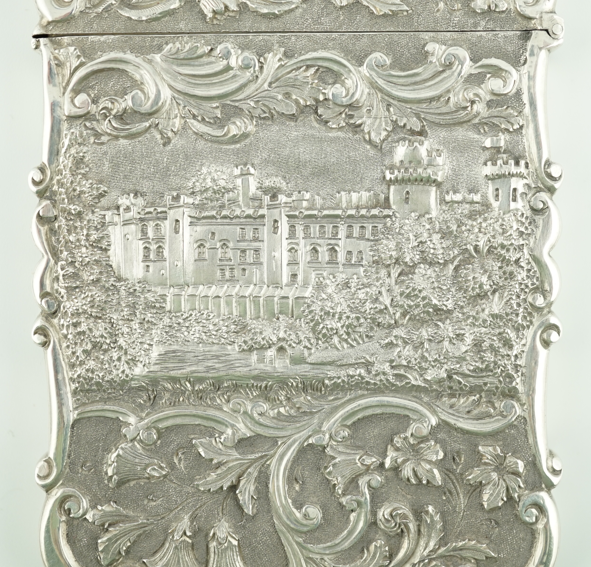 An early Victorian silver 'castle top' card case by Nathaniel Mills